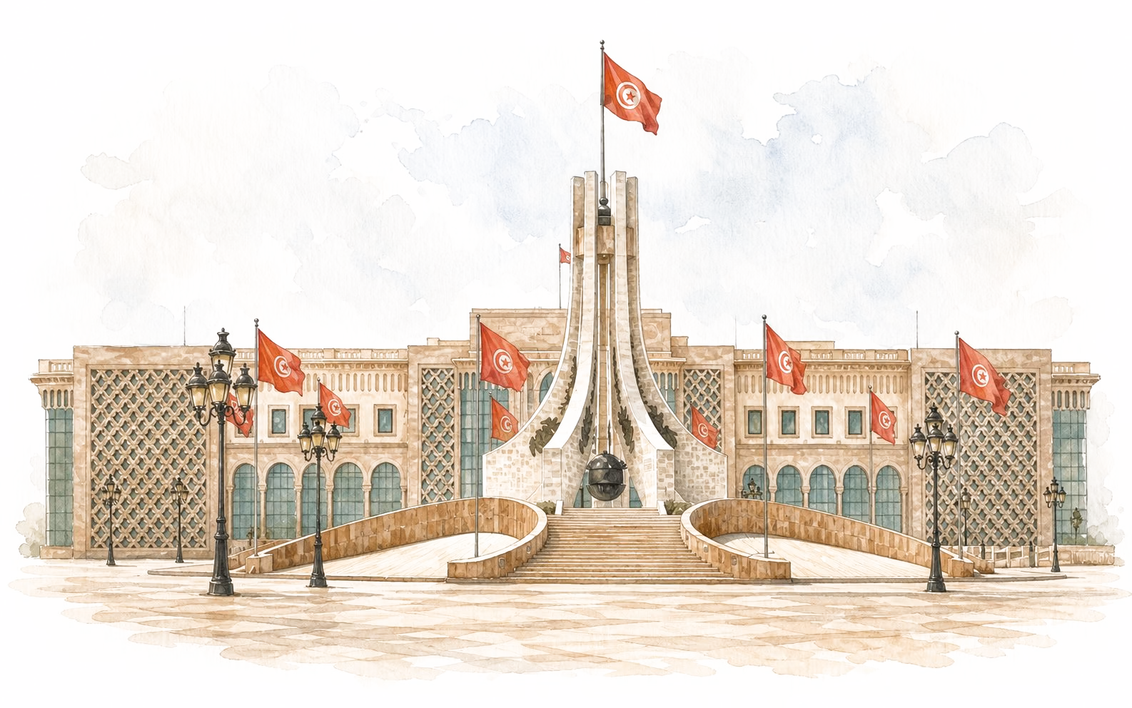Municipalité de la Kasbah, Tunis — illustration aquarelle